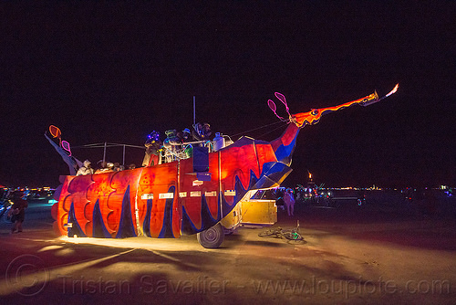 burning man - leafy sea dragon art car, art car, burning man art cars, burning man at night, glowing, gps camp, hypocampus, leafy sea dragon, mutant vehicles, seadragon, seahorse