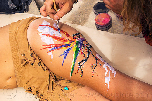 burning man - leg paint, body art, bodypaint, bodypainting, flower, painting, woman