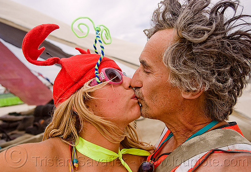 burning man - louise and i kissing - selfportrait, crab hat, french kiss, kissing, making out, man, plaha hair, playa-hair, self portrait, selfie, woman