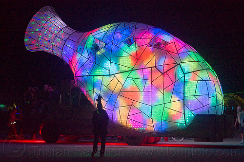 burning man - love potion art car, burning man art cars, burning man at night, colorful, glowing, love potion art car, mutant vehicles, silhouette, vessel