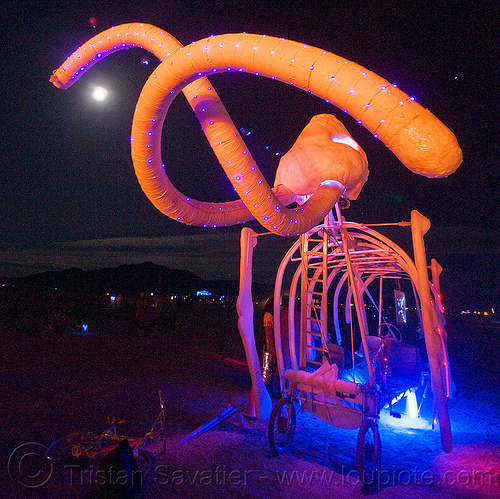 burning man - ma-am the mammoth, art car, burning man art cars, burning man at night, full moon, glowing, led lights, ma'am, mammoth, mutant vehicles, tusks