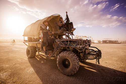 burning man - mad-max style truck with wagon cover, 4x4, all terrain, art car, burning man art cars, dgtd, matthew nelson, mutant vehicles, screwloose truck