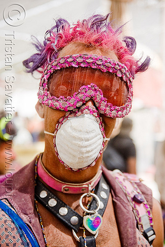 burning man - man with pink goggles and dust mask, attire, burning man outfit, dust mask, pink goggles, woofy