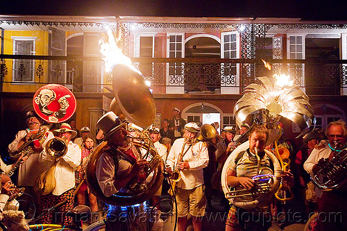 burning man - marching band at the french quarter, burning band, burning man at night, crowd, fire, french quarter, marching band, musician, sousaphones, trumpet, tubas