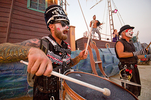 burning man - marching band drummer, drum, drummers, drumming, fishyboat art car, man, marching band, narwhal art car, playing music