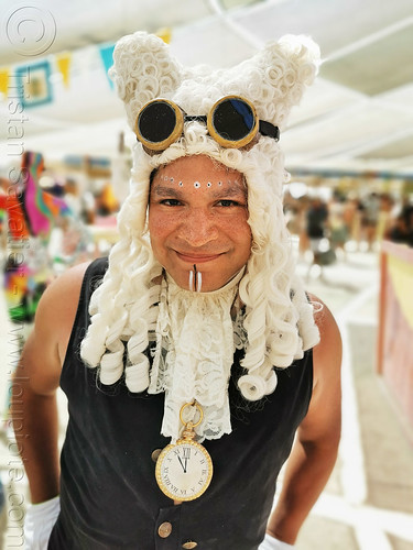 burning man - mario gomez, attire, burning man outfit, costume, goggles, mario gomez, performance art, watch, wig