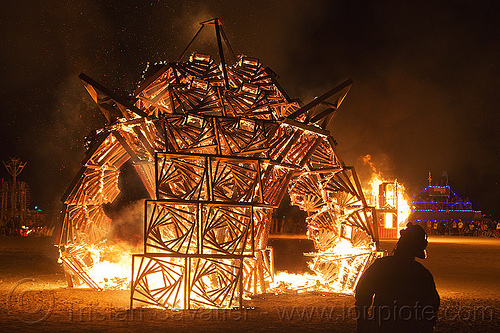 burning man - marvin the vortexagon, art installation, bmcore2013, burning man at night, c.o.r.e., circle of regional effigies, fire, idaho core project, marvin