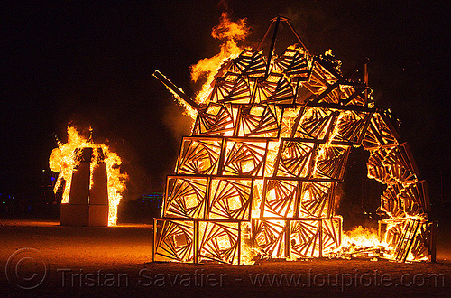 burning man - marvin - vortexagon, art installation, bmcore2013, burning man at night, c.o.r.e., circle of regional effigies, fire, idaho core project, marvin