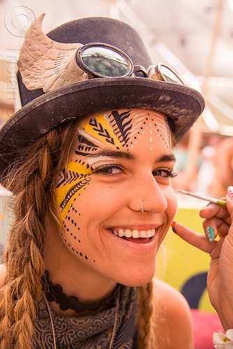 burning man - mary-claude, face paint, face painting, hat, mary-claude, woman