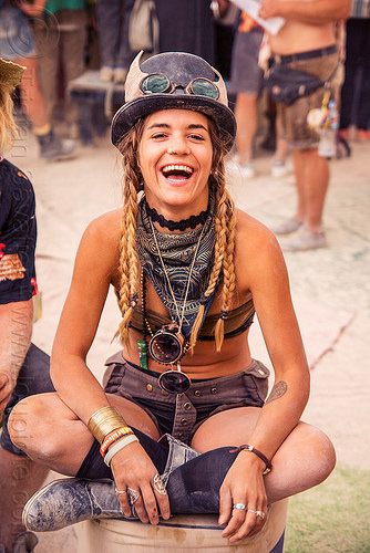 burning man - mary-claude, attire, burning man outfit, face paint, face painting, hat, mary-claude, sitting, woman