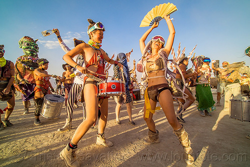 burning man - mazu marching band, chinese, dancing, drum band, drummer, drums, fan, marching band, mazu camp, performance, women