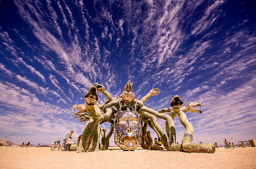 burning man - medusa madness sculpture, art installation, clouds, head, kevin clark, medusa madness, sculpture, snakes, steel