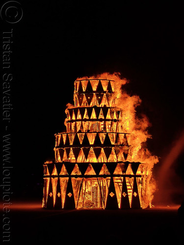 burning man - megacake birthday cake burning, birthday cake, burning man at night, fire, megacake, sculpture