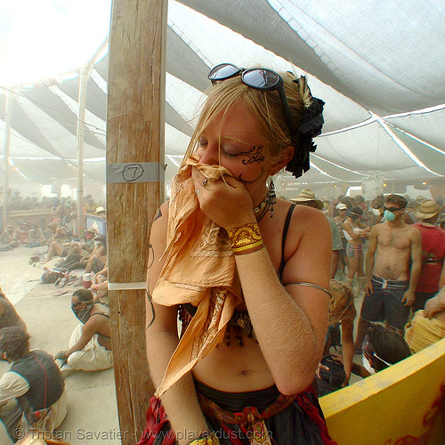 burning man - megan surviving the dust storm in center camp, dust storm, playa dust, whiteout, woman