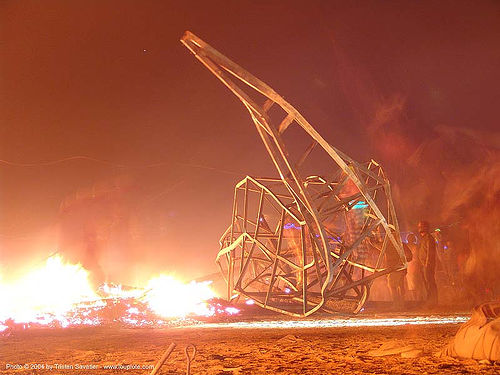 burning man - melted ruins of the temple after the burn, burning man at night, burning man temple, fire, temple burn, temple burning