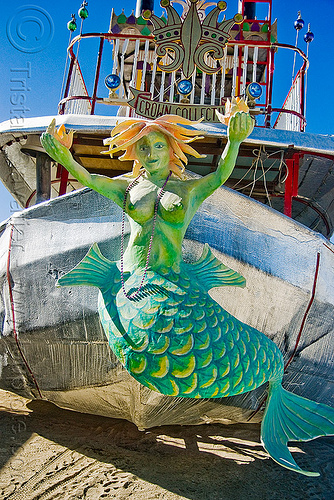 burning man - mermaid figurehead on steamer art car - lady sassafras, art car, art ship, burning man art cars, crown collective, figurehead, lady sassafras, mermaid, mutant vehicles, steam boat, steamer