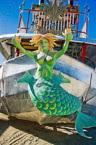 burning man - mermaid figurehead on steamer art car - lady sassafras, art car, art ship, burning man art cars, crown collective, figurehead, lady sassafras, mermaid, mutant vehicles, steam boat, steamer