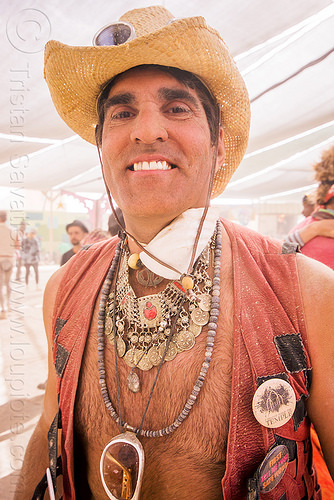 burning man - michael at center camp, attire, burning man outfit, metal necklace, necklaces, straw hat