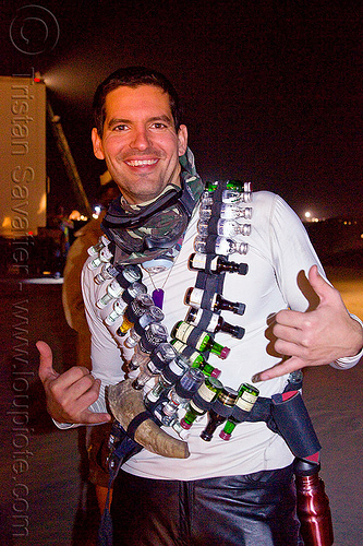 burning man - miniature liquor bottles belts costume, alcohol, attire, barman, belts, burning man at night, burning man outfit, costume, liquor bottles