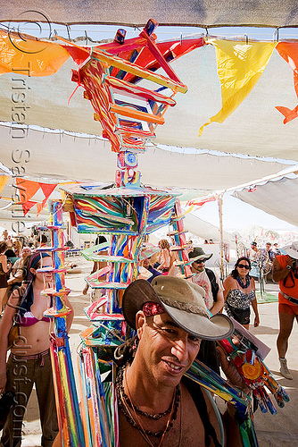 burning man - miniature version of "the man" painted with psychadelic colors, hat, painted, the man