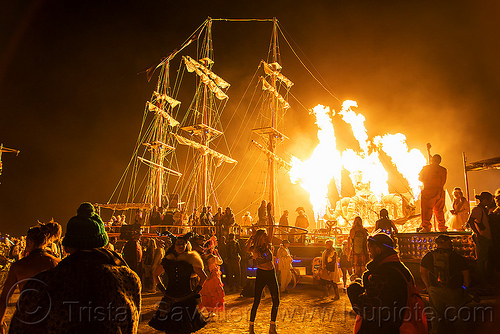 burning man - monaco ship, art ship, burning man art cars, burning man at night, el pulpo mecanico, fire, monaco ship, mutant vehicles, night of the burn, octopus art car, sculpture, steampunk octopus, tall ship