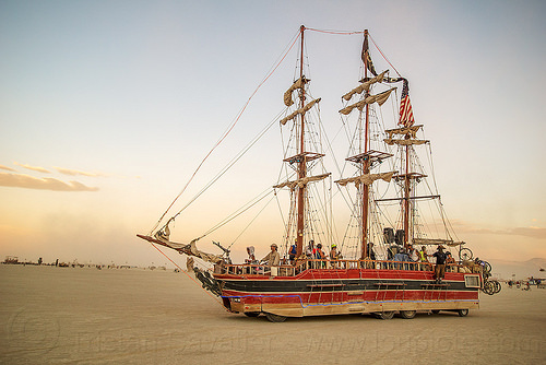 burning man - monaco ship at dusk, art car, art ship, burning man art cars, dawn, monaco ship, mutant vehicles, tall ship