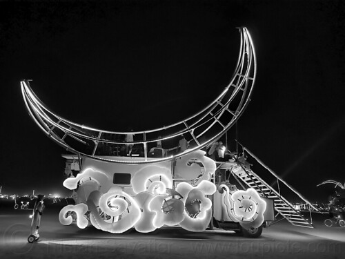 burning man - moon crescent art car - luna the artcrane, art car, artcrane, burning man art cars, burning man at night, glowing, luna, mutant vehicles