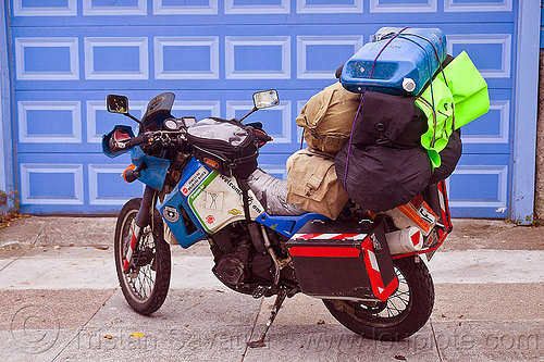 burning man - motorbike loaded with luggage, dual-sport, duffle bags, jerrycan, kawasaki, klr 650, luggage, motorcycle touring, overloaded, pannier cases, panniers, rack, tank bag