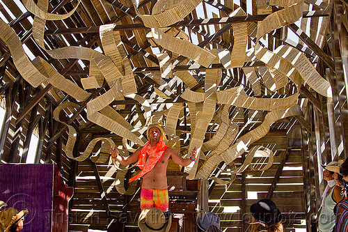 burning man - music scrolls - church trap, art installation, church trap, inside, interior, man