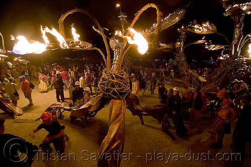 burning man - mutopia - giant metal flowers by flaming lotus girls, burning man at night, fire, metal flowers, mutopia