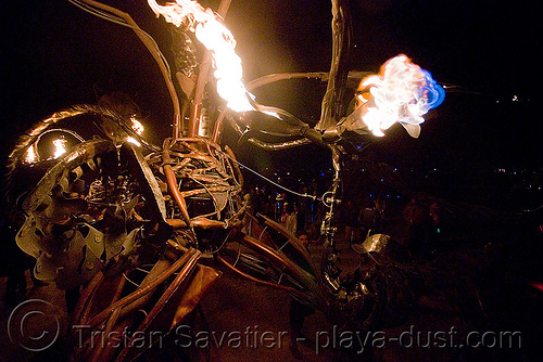 burning man - mutopia giant metal flowers by flaming lotus girls, burning man at night, fire, metal flowers, mutopia