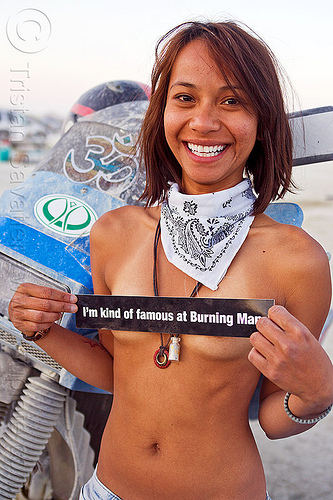burning man - my very charming neighbor is a famous girl, bandana, bumper sticker, famous people, klr 650, motorcycle, white bandanna, woman