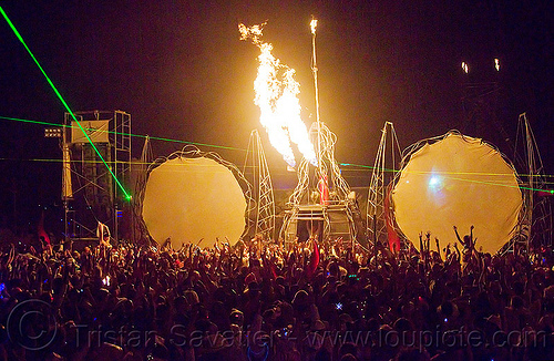 burning man - opulent temple, burning man at night, crowd, dance, dancing, fire, music, opulent temple