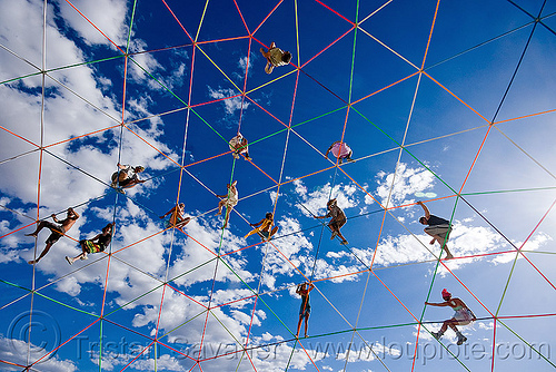 burning man - people on darwin dome - geodesic dome, clouds, darwin dome, geodesic dome, hippie killer, overkill, spider web, spiders, tetrion, truss