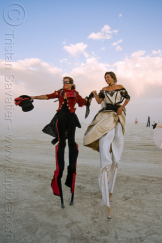 burning man - performers on stilts - anne and angela, angela, anne, circus metropolus, stilts, stiltwalkers, stiltwalking