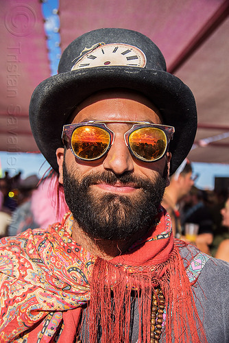 burning man - persian prince with clock hat, attire, beard, burning man outfit, clock, hat, mirror sunglasses, persian prince