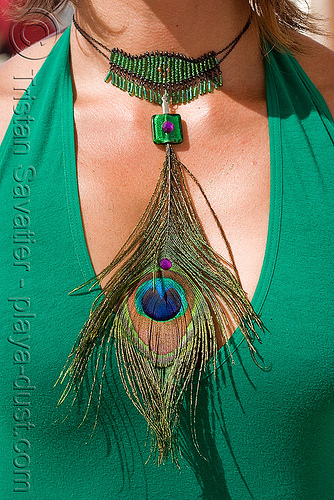burning man - photo of woman with peacock feather necklace, attire, burning man outfit, feather, necklace, peacock feathers