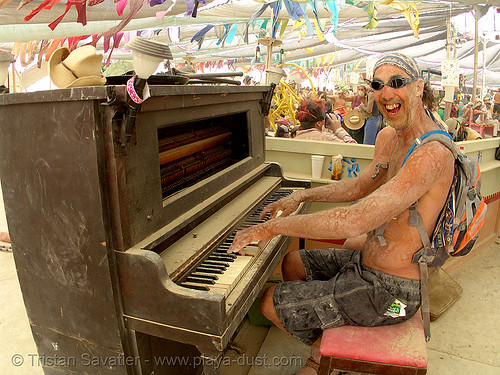 burning man - piano player, fisheye, man, piano player