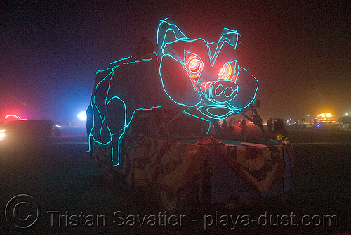 burning man - pig truck in the dust storm, art car, burning man art cars, burning man at night, dust storm, lorry, mutant vehicles, pig fruck, truck