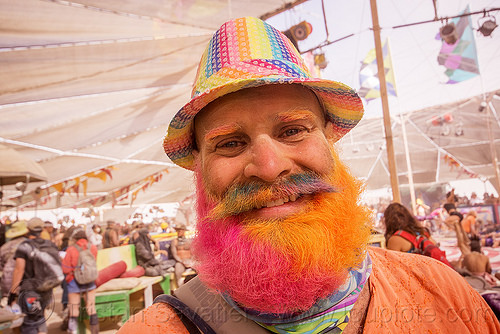 burning man - pink and orange beard, beard, colorful, man, orange, rainbow colors, rainbow hat, rainbow mustache