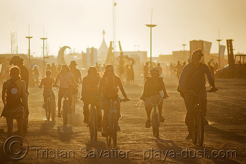 burning man - playa at dusk, bicycles, bikes, dusk, dust
