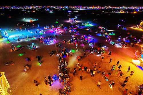 burning man - playa at night, burning man at night, crowd, glowing