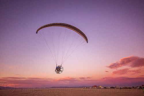 burning man - powered paraglider, brad gunnuscio, dusk, flying, man, paramotor, paramotoring, powered paraglider, powered paragliding