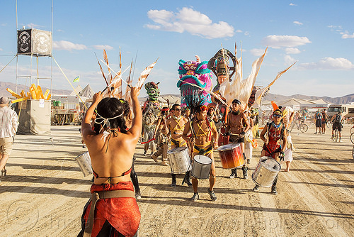 burning man - procession of the mazu marching band, brazilian drums, drummers, marching band, mazu camp, samba reggae