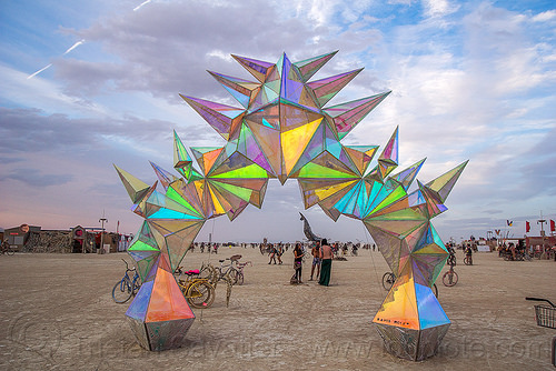 burning man - pulse portal at dusk, arch, art installation, iridescent, pulse portal, sculpture