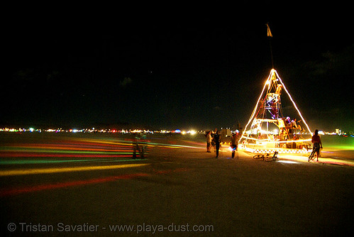 burning man - pyramix art car from camp crazy horse, burning man at night, camp crazy horse, pyramix, unidentified art car