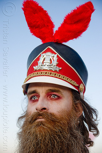 burning man - randal with bunny ears, attire, beard, bunnies, bunny ears, bunny march, burning man outfit, cap, color contact lenses, contacts, costume, hat, makeup, randal smith, red, special effects contact lenses, theatrical contact lenses