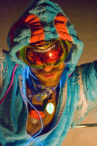 burning man - raver costume, attire, burning man at night, burning man outfit, costume, disorient, el-wire, goggles, hat, hood, hooded, raver