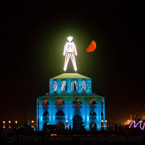 burning man - red moon, burning man at night, neon, pedestal, red moon, the man
