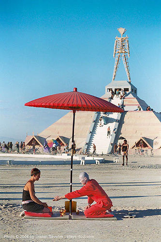 burning man - red tea ceremony by ken hamazaki, art installation, greentea, japan, japanese tea ceremony, ken hamazaki, pyramid, red tea ceremony, red umbrella, the man